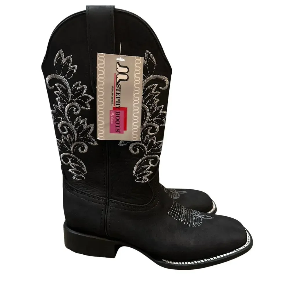 Stephy Women's Embroidered Crazy Black Square Toe Boot Size 7.5 New No Box